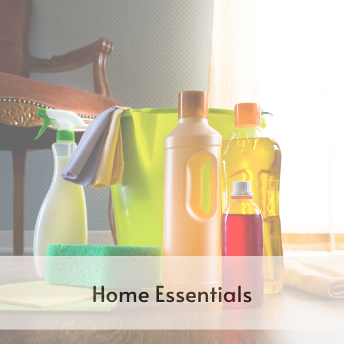 Various household cleaning liquids in bottles, in front of a yellow bucket. 