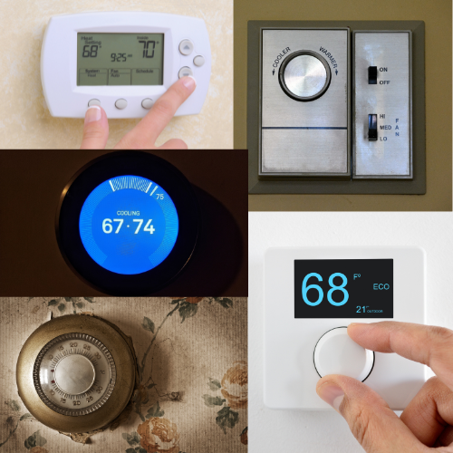 A collage of photos showing various types of thermostats, from vintage dials to new-aged smart devices.