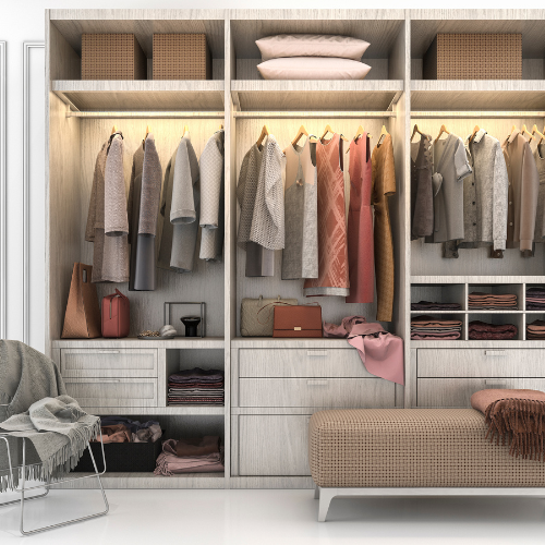 Image of modular closet installed with clothes on display. 