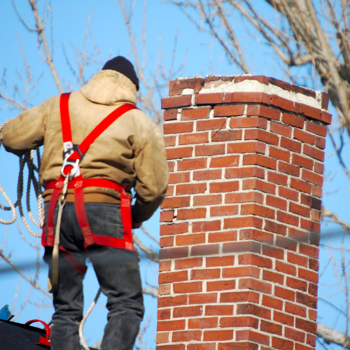 Fireplace being inspected for safety before winter use.